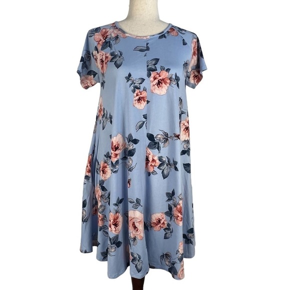 CES FEMME‎ RAGLAN SHORT SLEEVE CREW NECK FLOWY FLORAL DRESS BLUE MULTI SMALL EUC - Picture 1 of 12